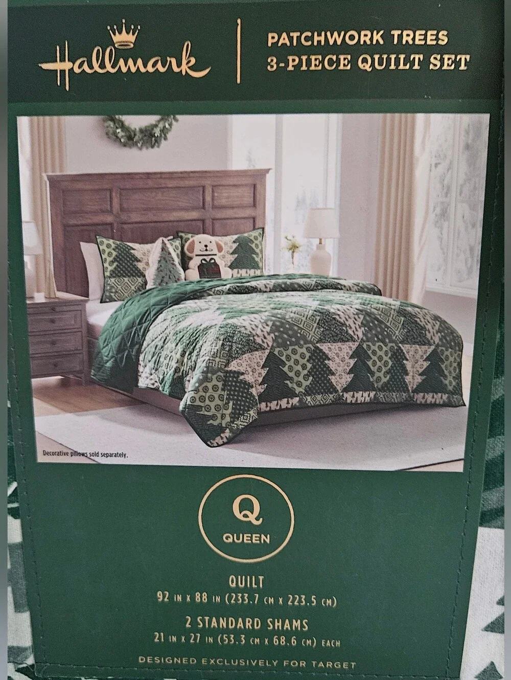 NWT Hallmark Patchwork Trees 3-Piece Flannel Quilt Set Holiday Green Queen